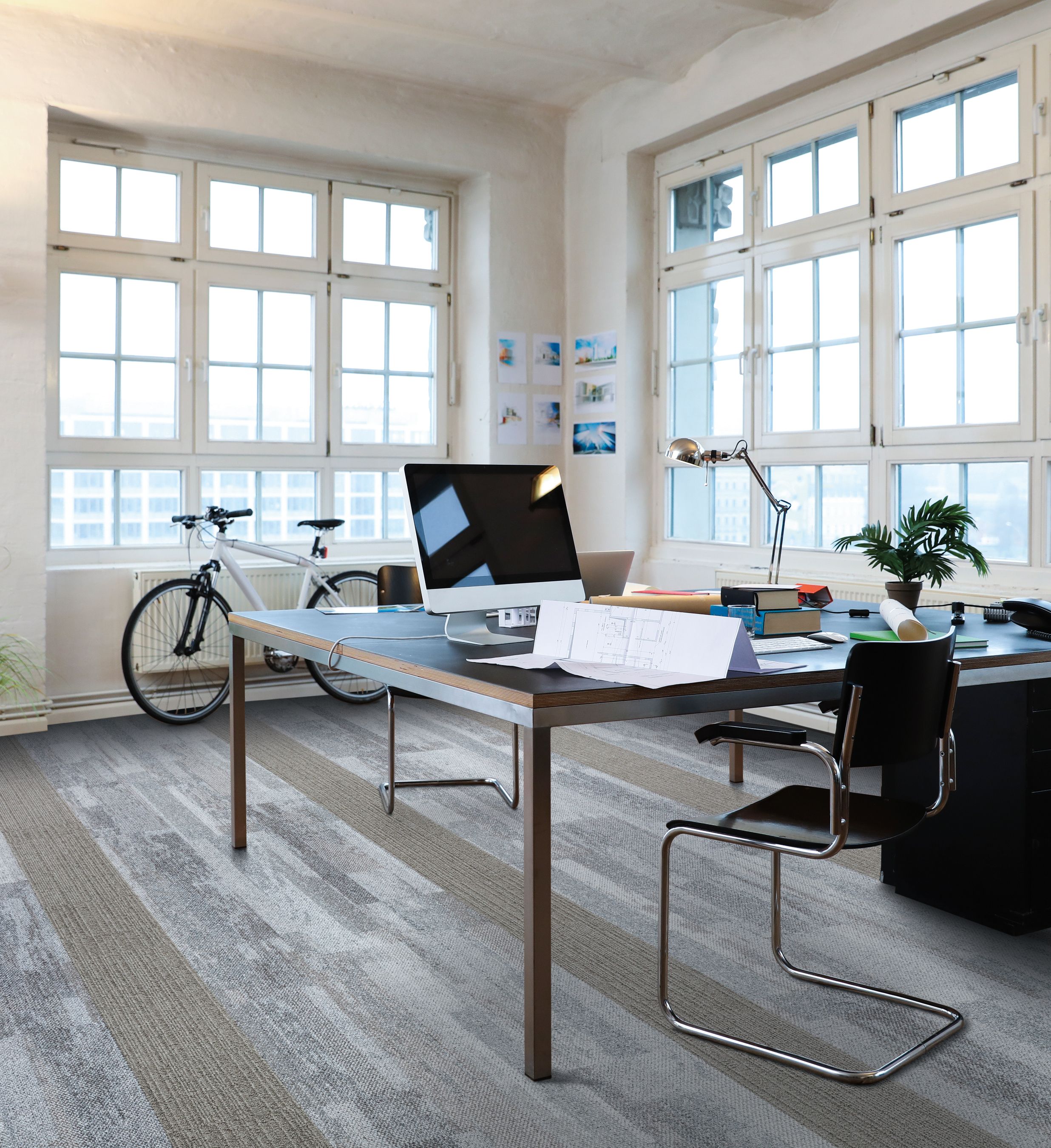 Interface Naturally Weathered and On Line plank carpet tile in office with desk and bike image number 10